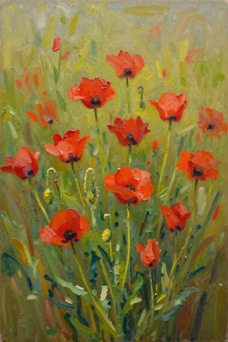 Vibrant red poppies blooming amid green stems in an impressionistic oil painting.