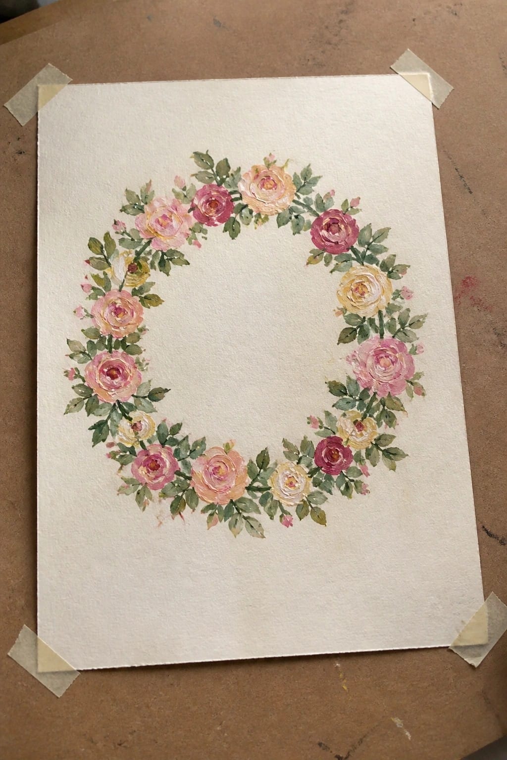 Watercolor wreath of pink, peach, and yellow roses with green leaves on white paper.