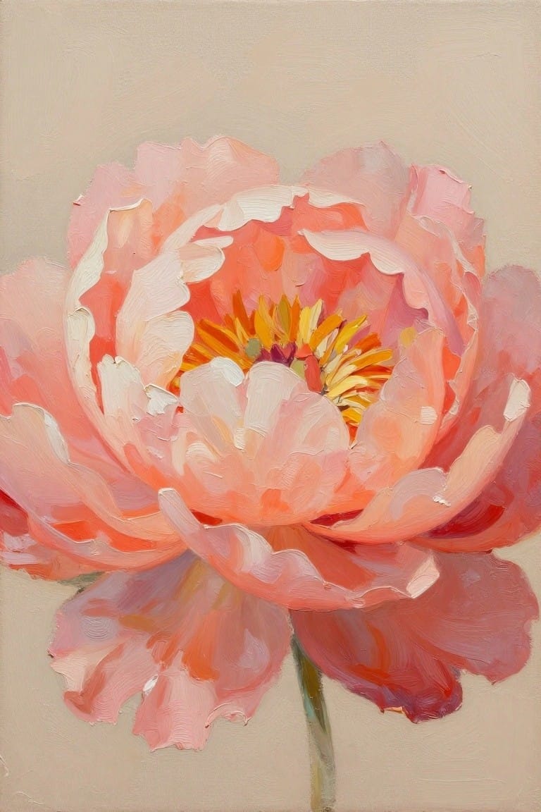 Textured oil painting of a blooming pink peony with vibrant yellow-orange center