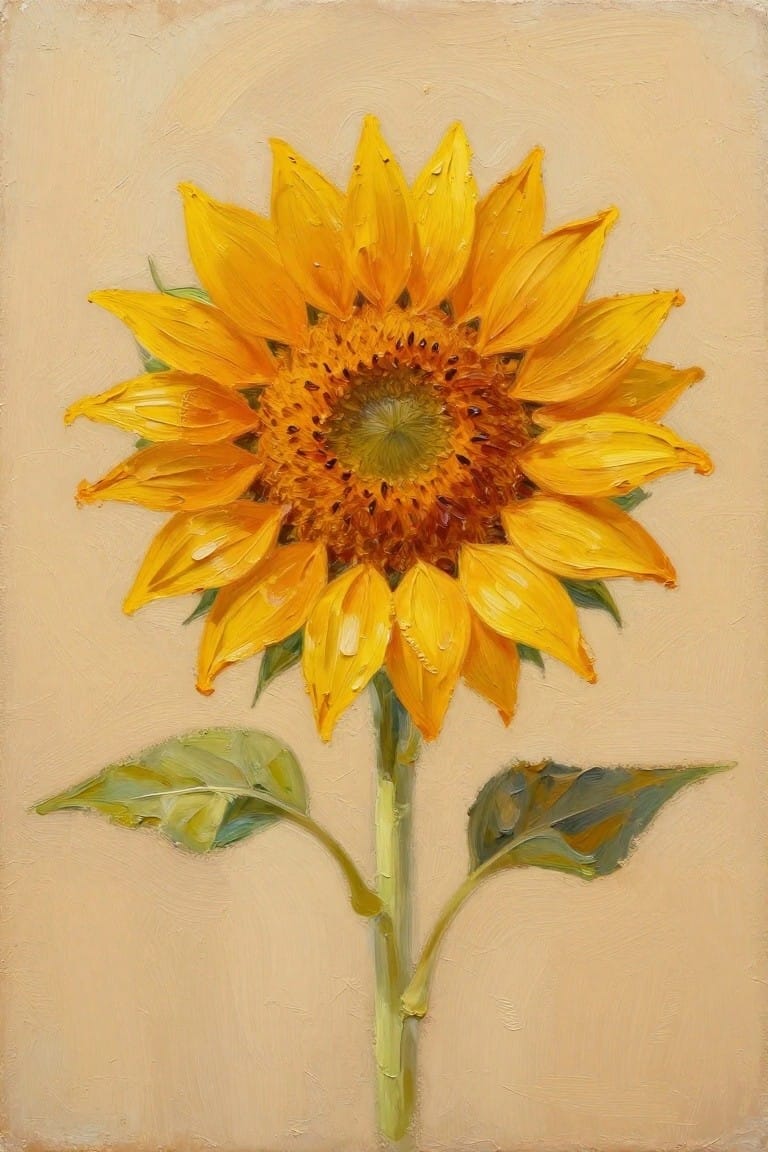 A realistic oil painting of a yellow sunflower with water droplets on its petals against a plain light background, with a green stem and two leaves below.