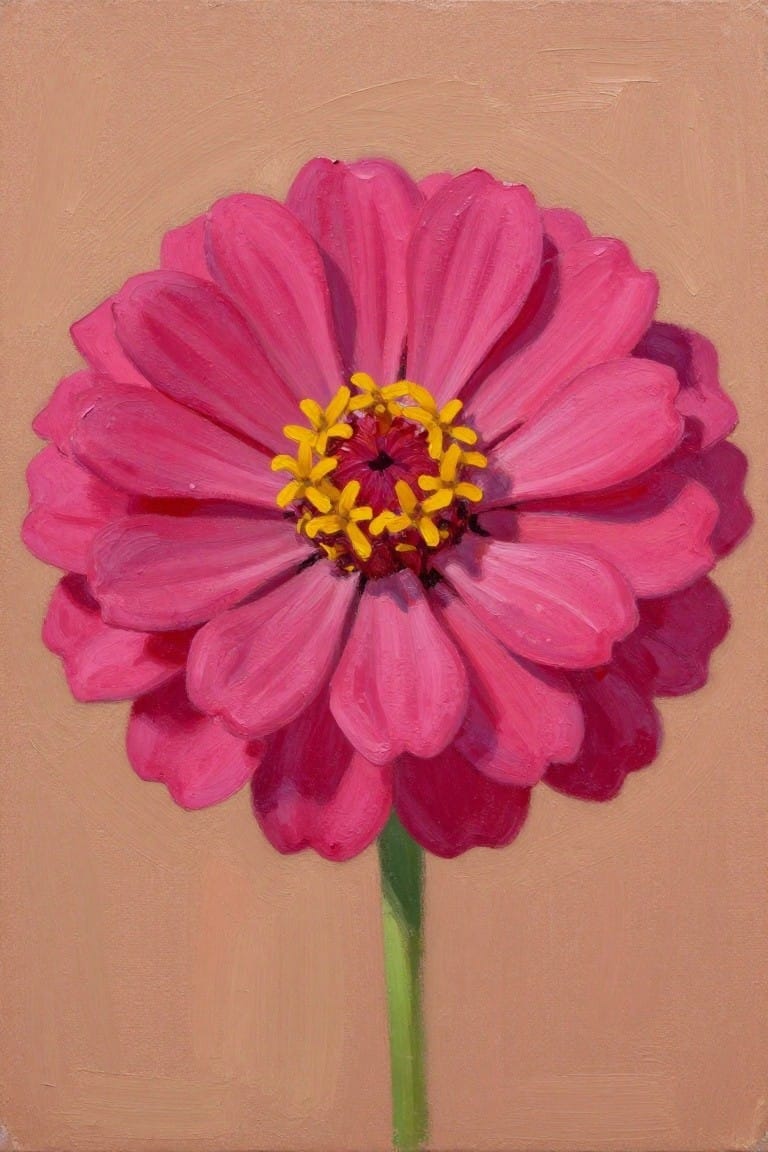 Bright pink zinnia flower with yellow center on green stem against beige background