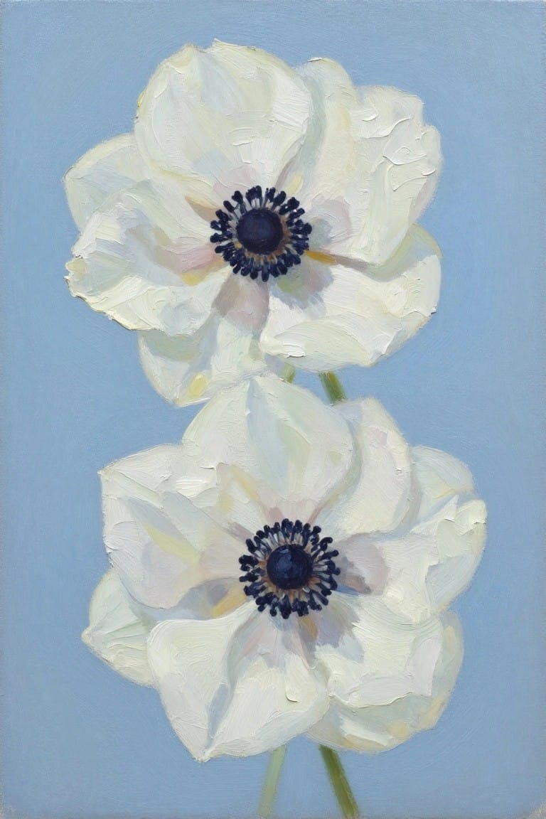 Two white flowers with dark centers on a light blue background in oil paint