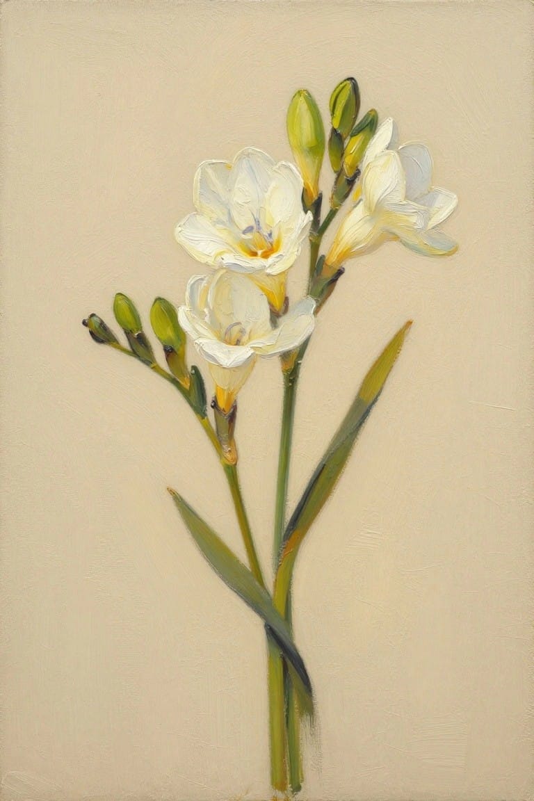 White freesia flowers with yellow centers, green buds and leaves on beige background