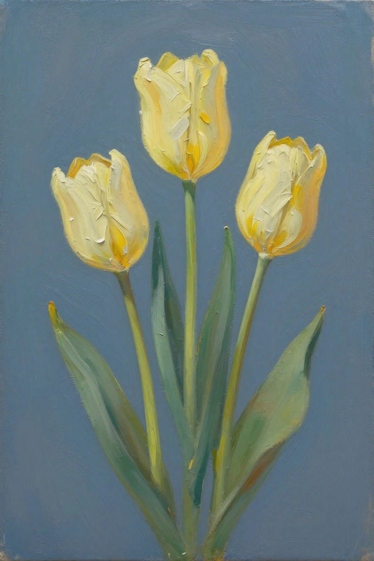 Three yellow tulips with green stems and leaves on a blue background.