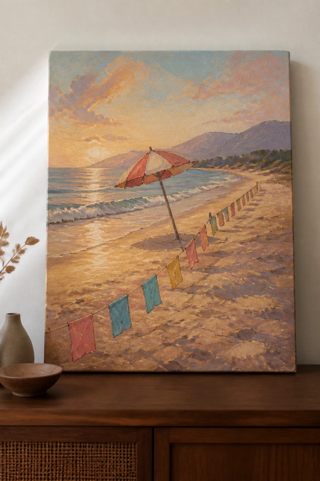 Impressionist beach sunset painting with striped umbrella, colorful flags on sand, waves and mountains.