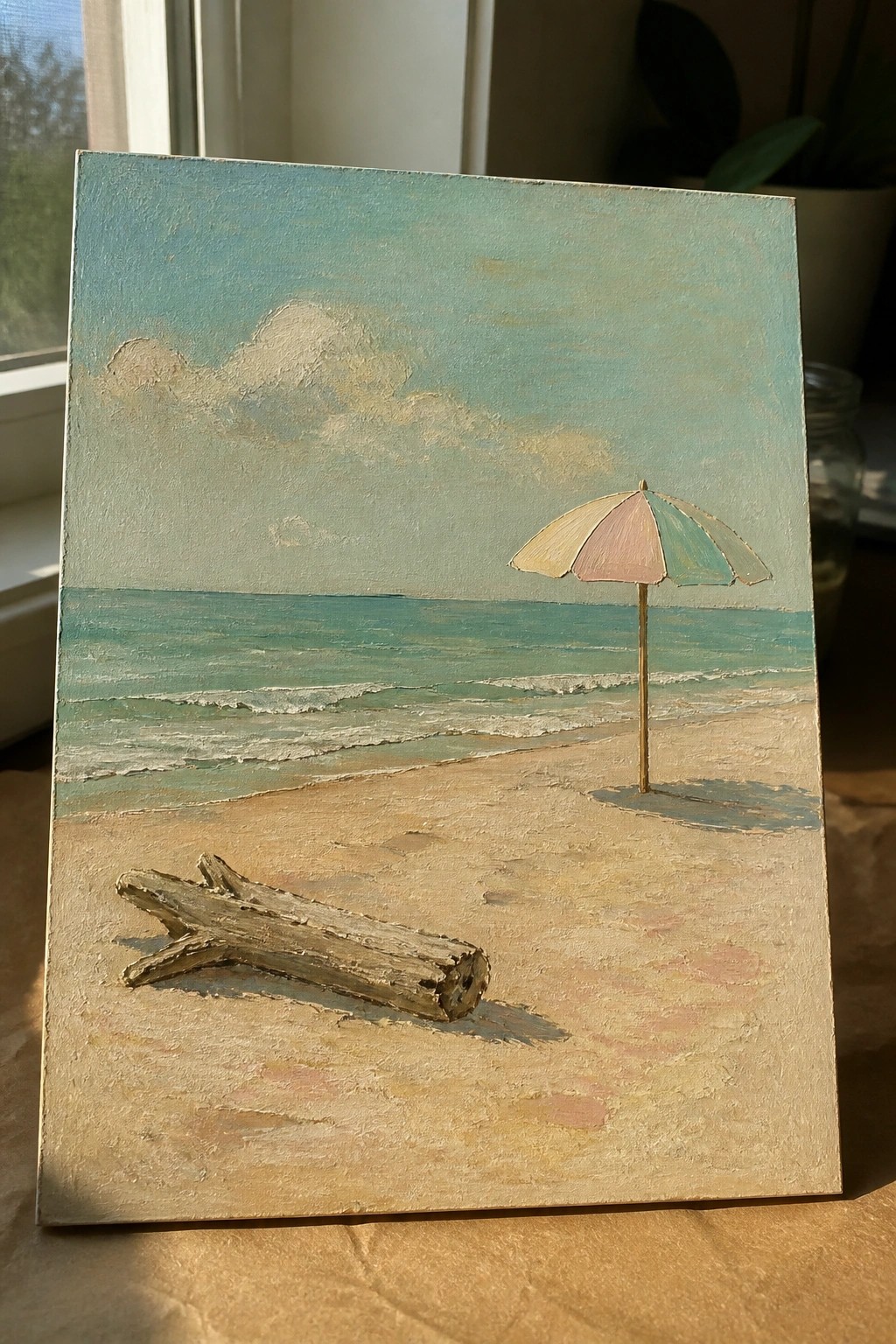 Textured beach painting with turquoise waves, sandy shore, driftwood log, and colorful umbrella.