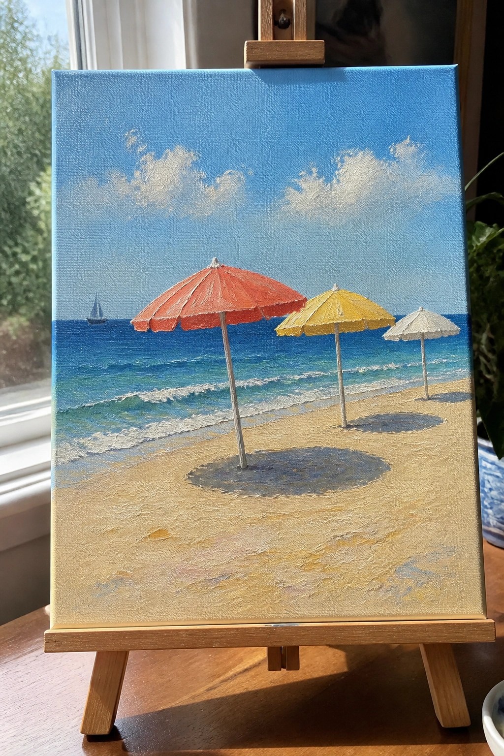 Oil painting of a beach with red, yellow, and white umbrellas on sand, blue ocean waves, and a sailboat on the horizon.