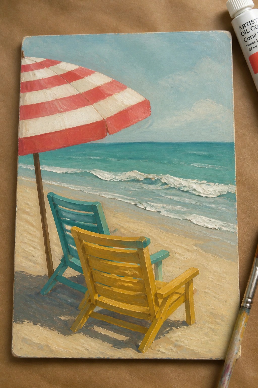 Oil painting of beach with red striped umbrella, yellow and teal chairs by ocean waves