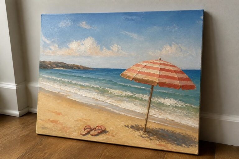 Painting of beach with orange-white striped umbrella, ocean waves, and flip-flops on sand.
