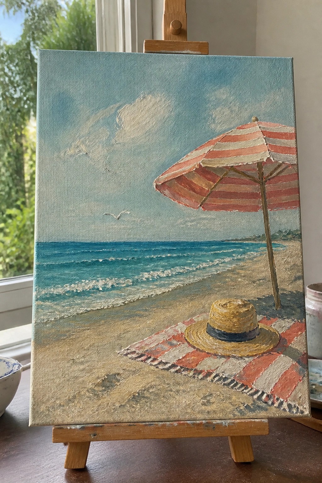 Beach painting on easel with striped umbrella, straw hat on towel, ocean waves.