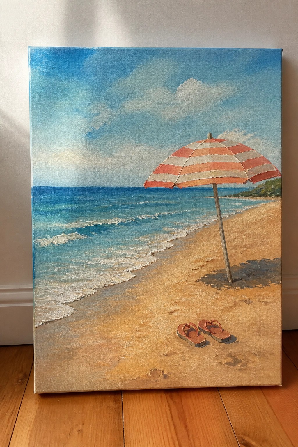 Painting of beach with orange-white striped umbrella, ocean waves, and flip-flops on sand.