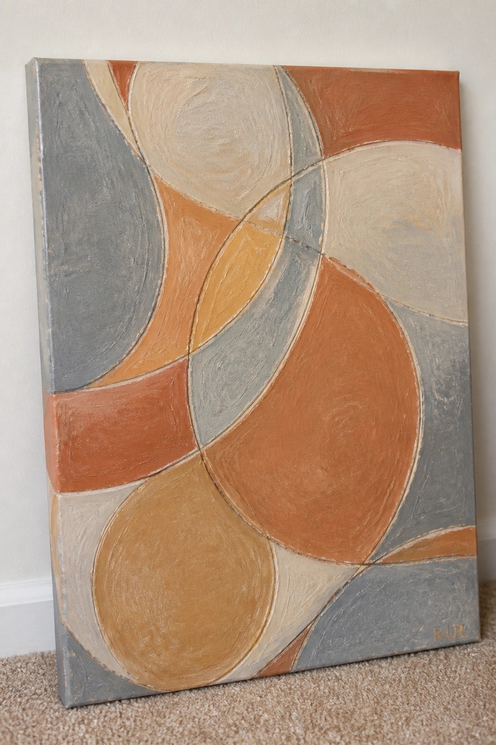 Abstract painting with overlapping curved shapes in terracotta, gray, beige, and brown tones