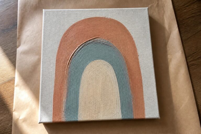 Canvas with stacked rainbow arches in orange, teal, and white on brown paper over wood