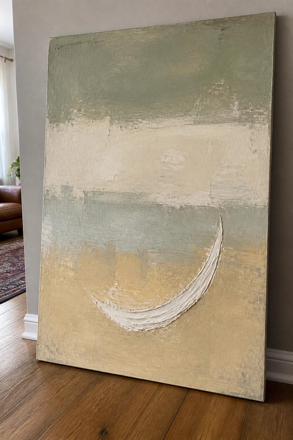 Large abstract painting with textured green-beige layers and prominent white curved strokes.
