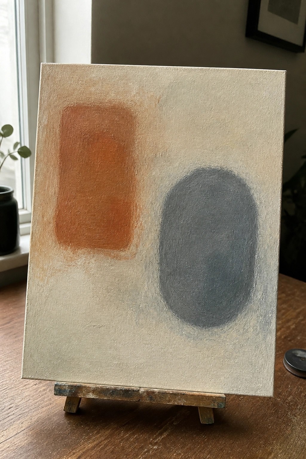 Abstract canvas with orange rectangle and gray oval on beige background atop wooden easel