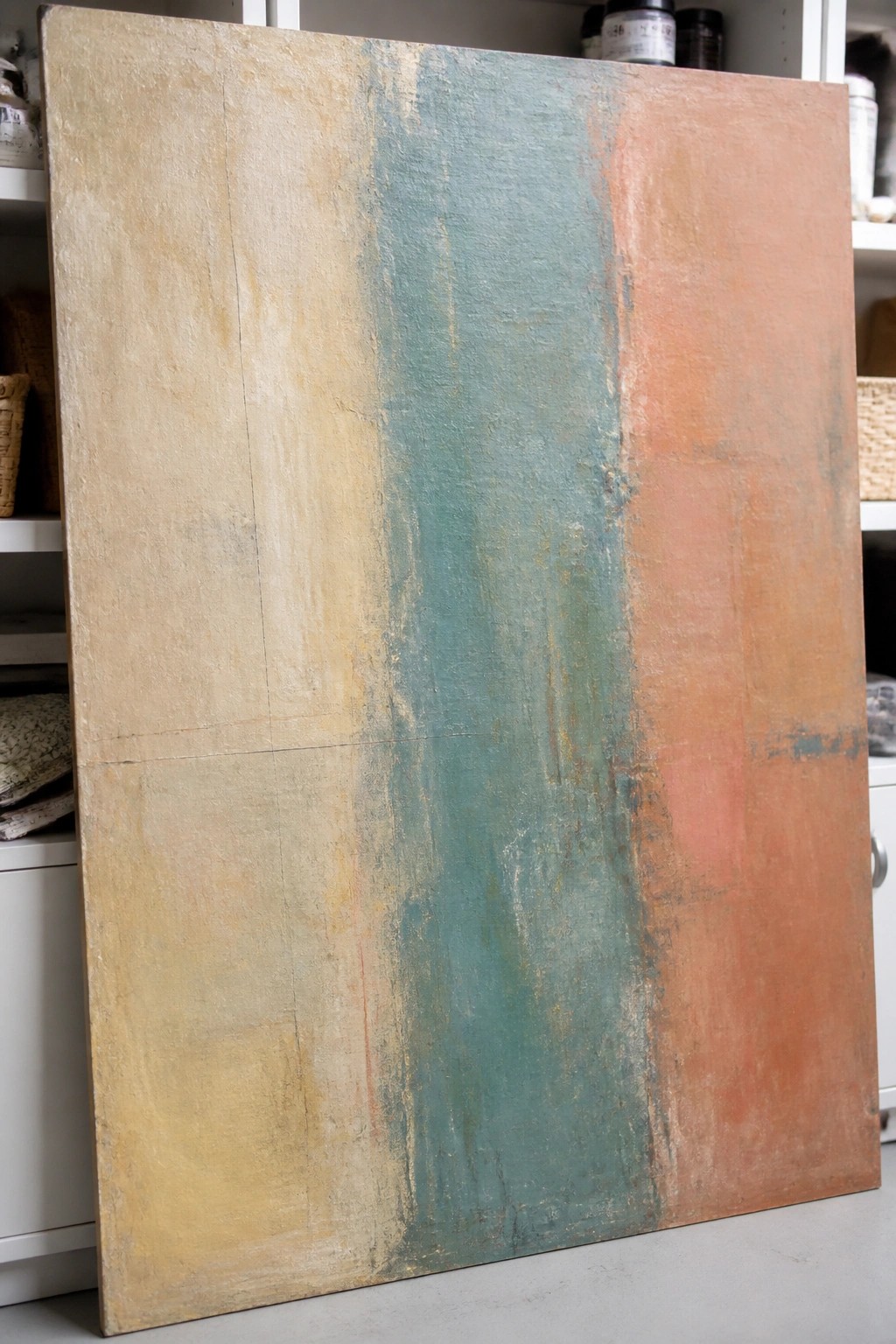 Large abstract painting with beige, teal, and orange vertical textured sections leaning on shelves