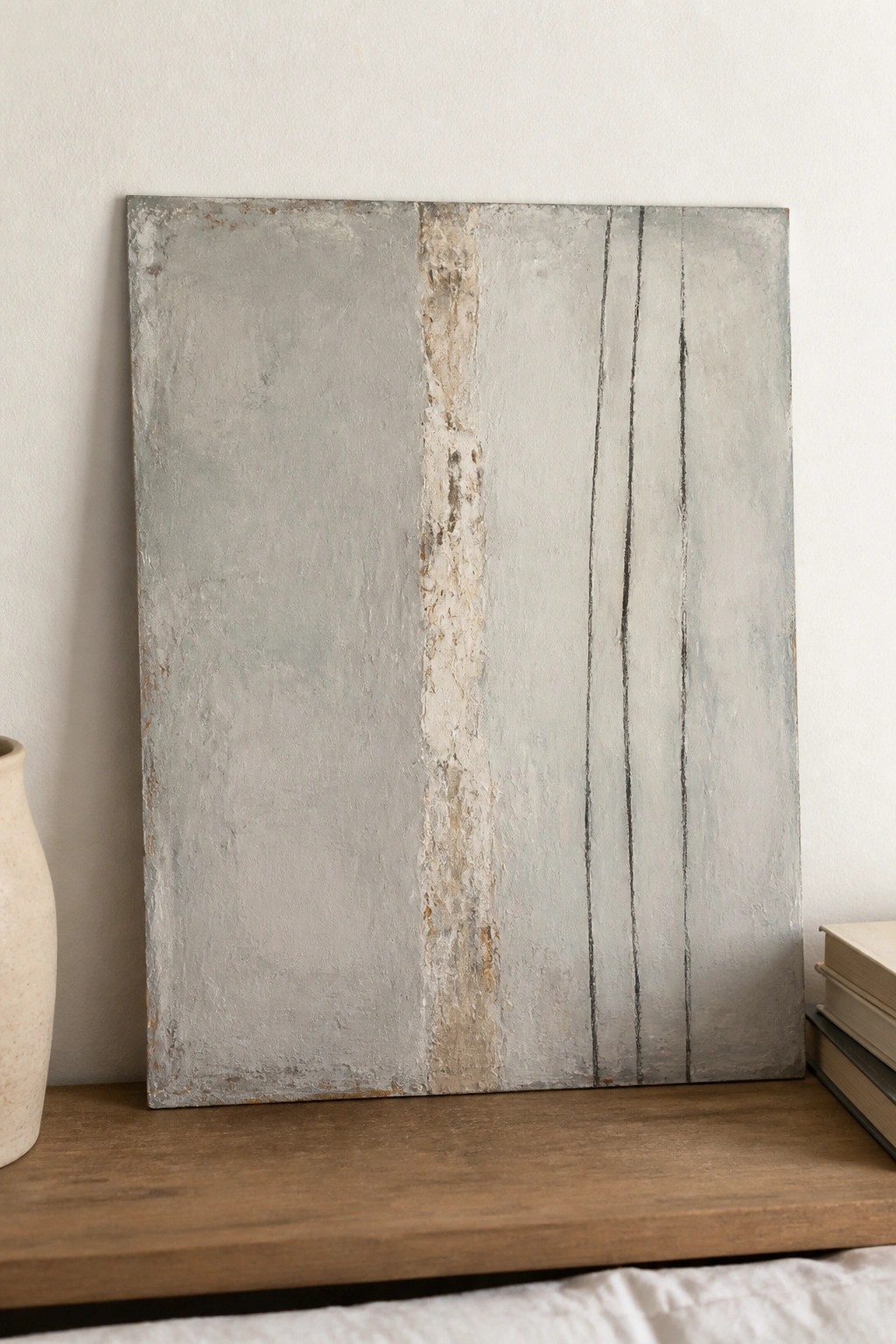 Textured gray abstract painting with vertical stripes beside beige vase and stacked books