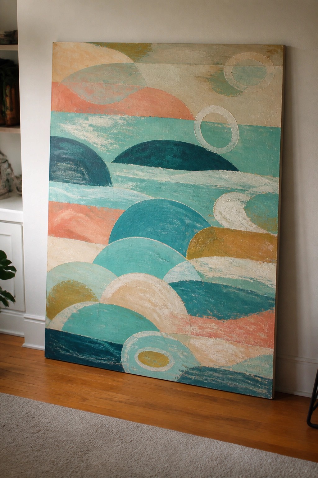 Large abstract painting with teal, coral, and beige shapes leaning on wood floor