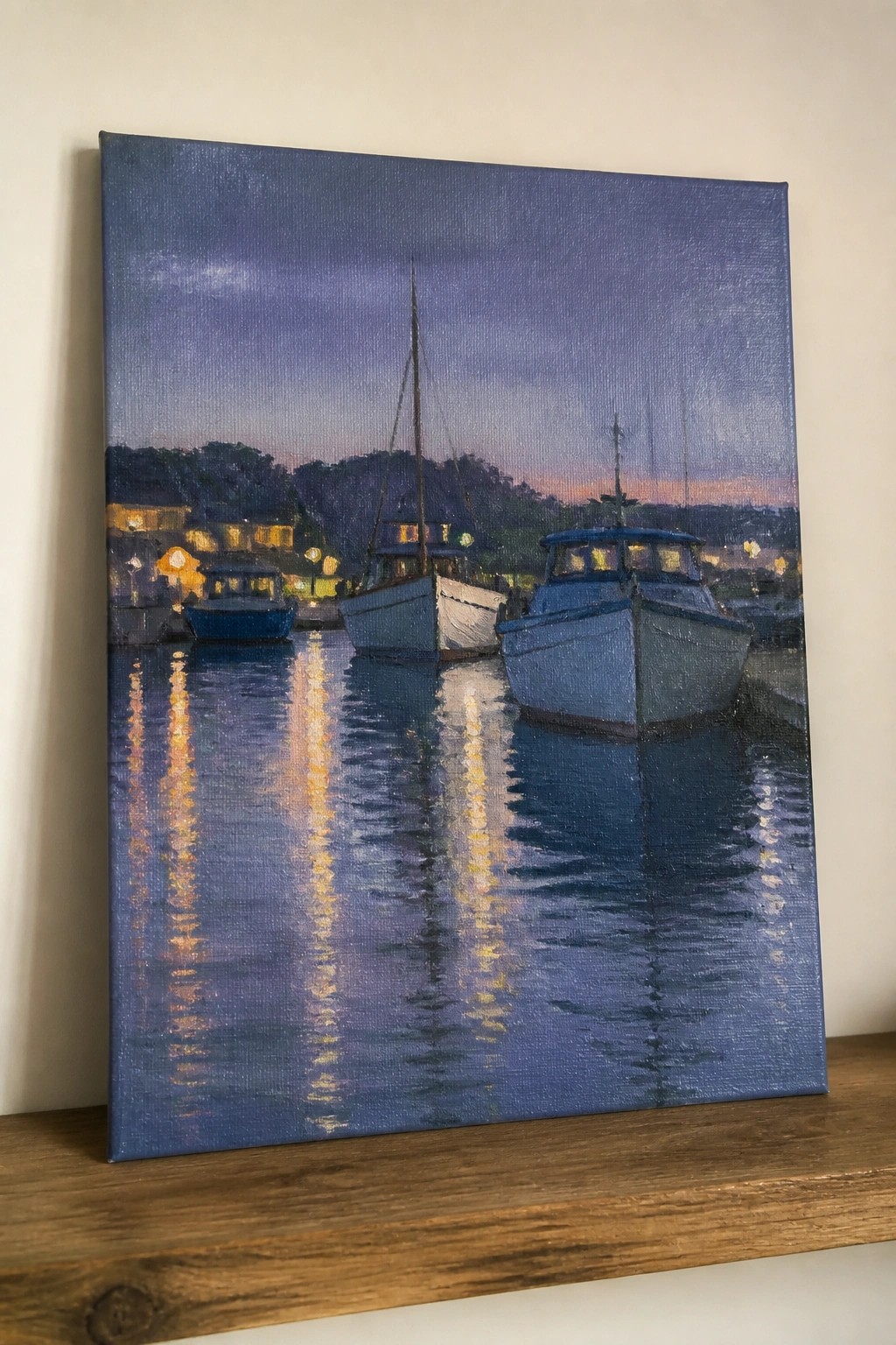 Twilight harbor painting with boats and glowing reflections on purple water
