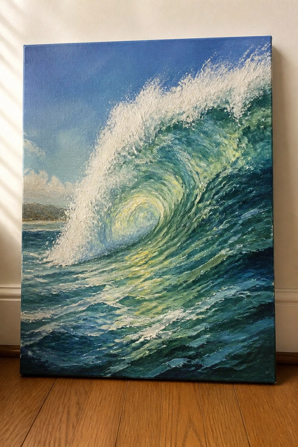 An oil painting of a large curling ocean wave with white foam against a blue sky and distant shoreline.