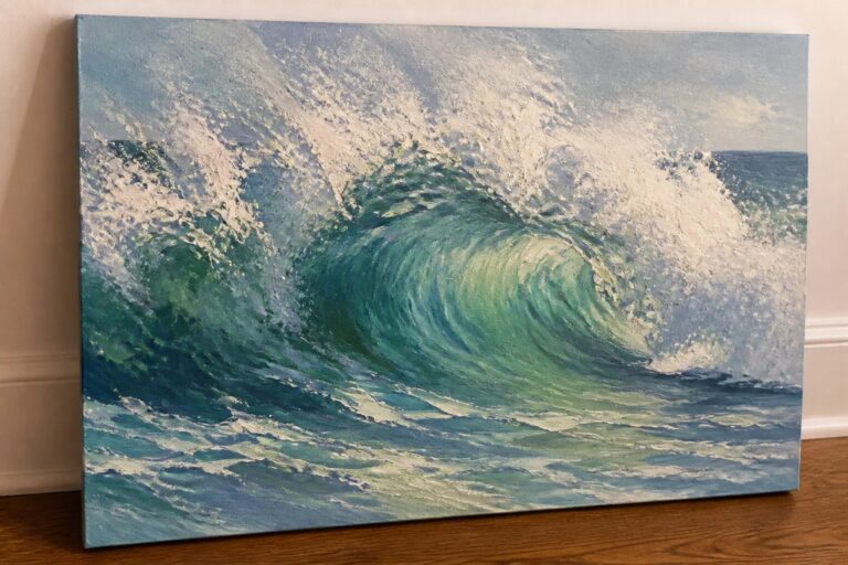 An oil painting of a large curling ocean wave with white foam against a blue sky and distant shoreline.