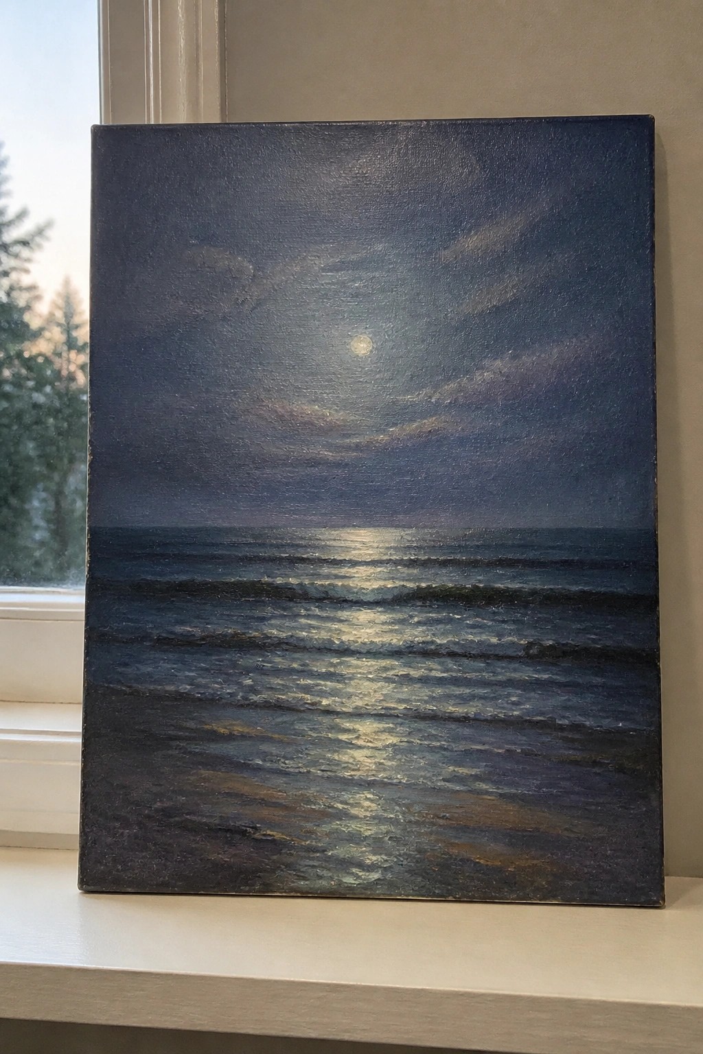 Moonlit ocean painting with waves reflecting moonlight under cloudy night sky on ledge