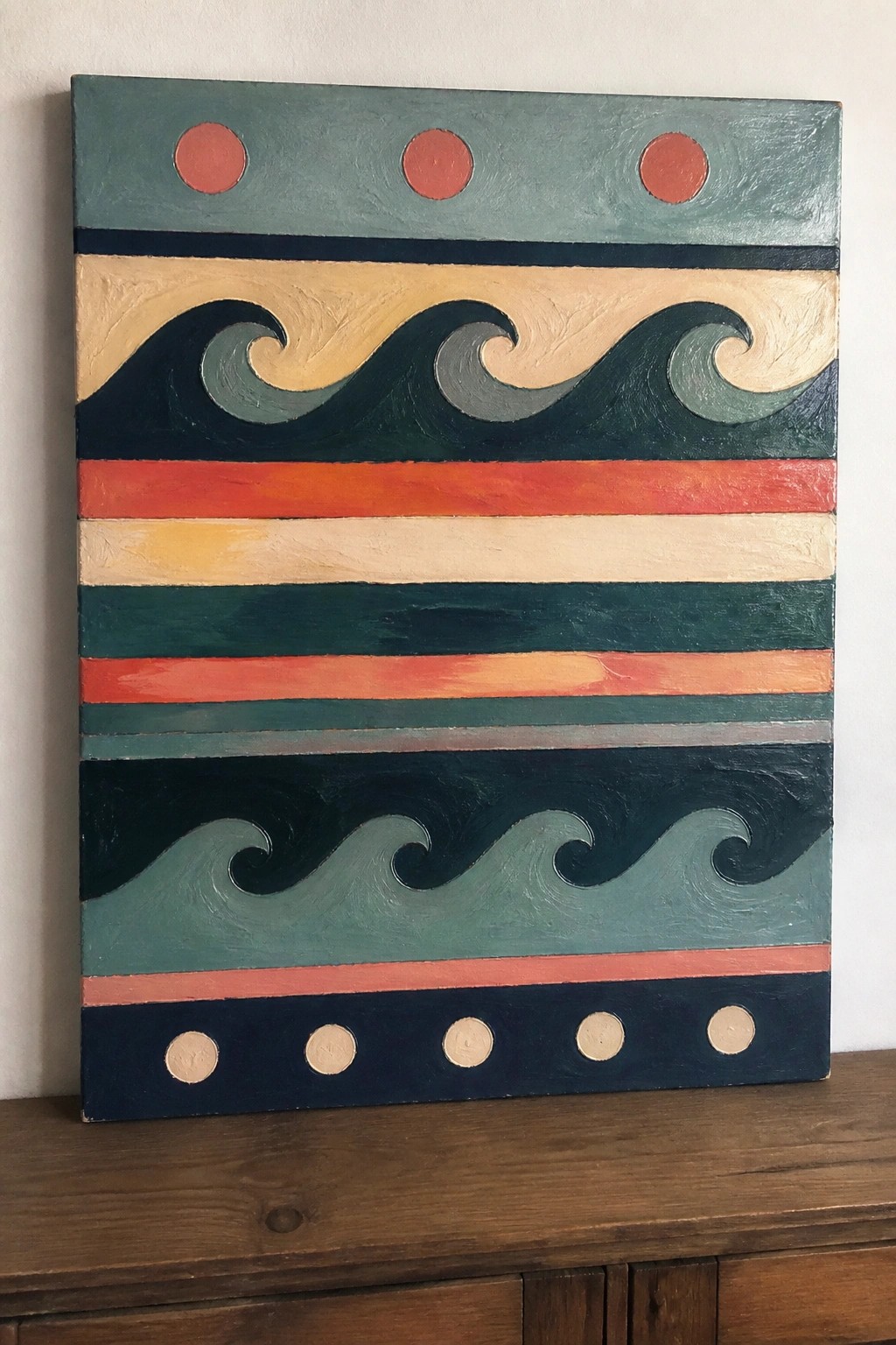 Vibrant abstract painting with horizontal stripes, swirling waves, and circular accents.