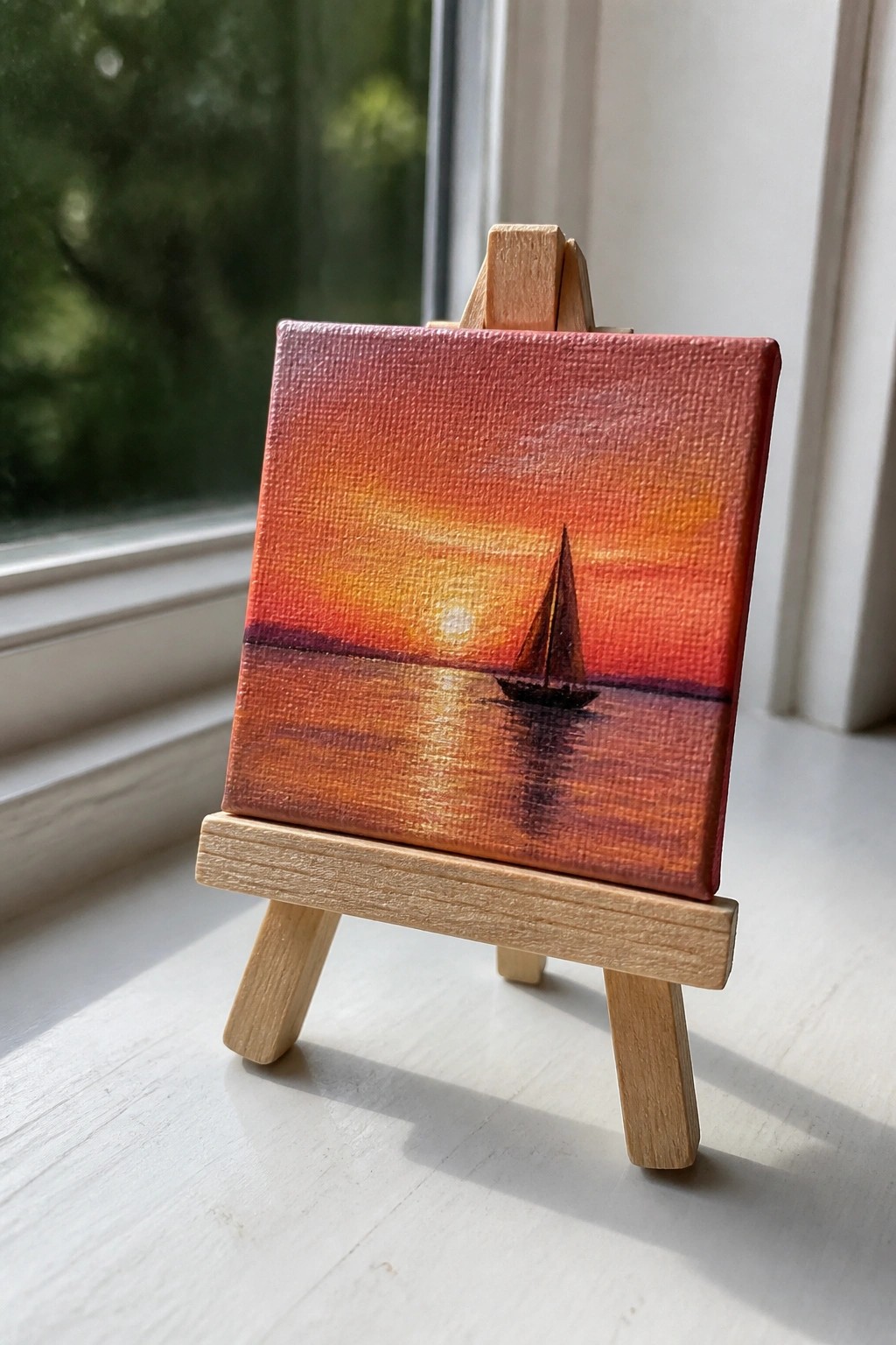 Miniature canvas on wooden easel displays red-orange sunset with sailboat reflection on water.