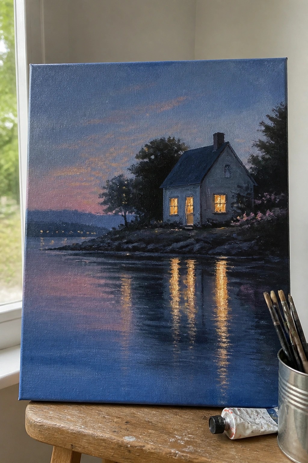 Oil painting of lit cottage by reflective water at dusk beside paintbrushes