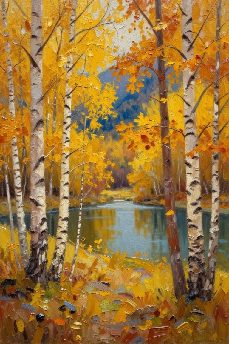 Autumn birch trees with golden leaves frame a calm reflective river and distant mountains.