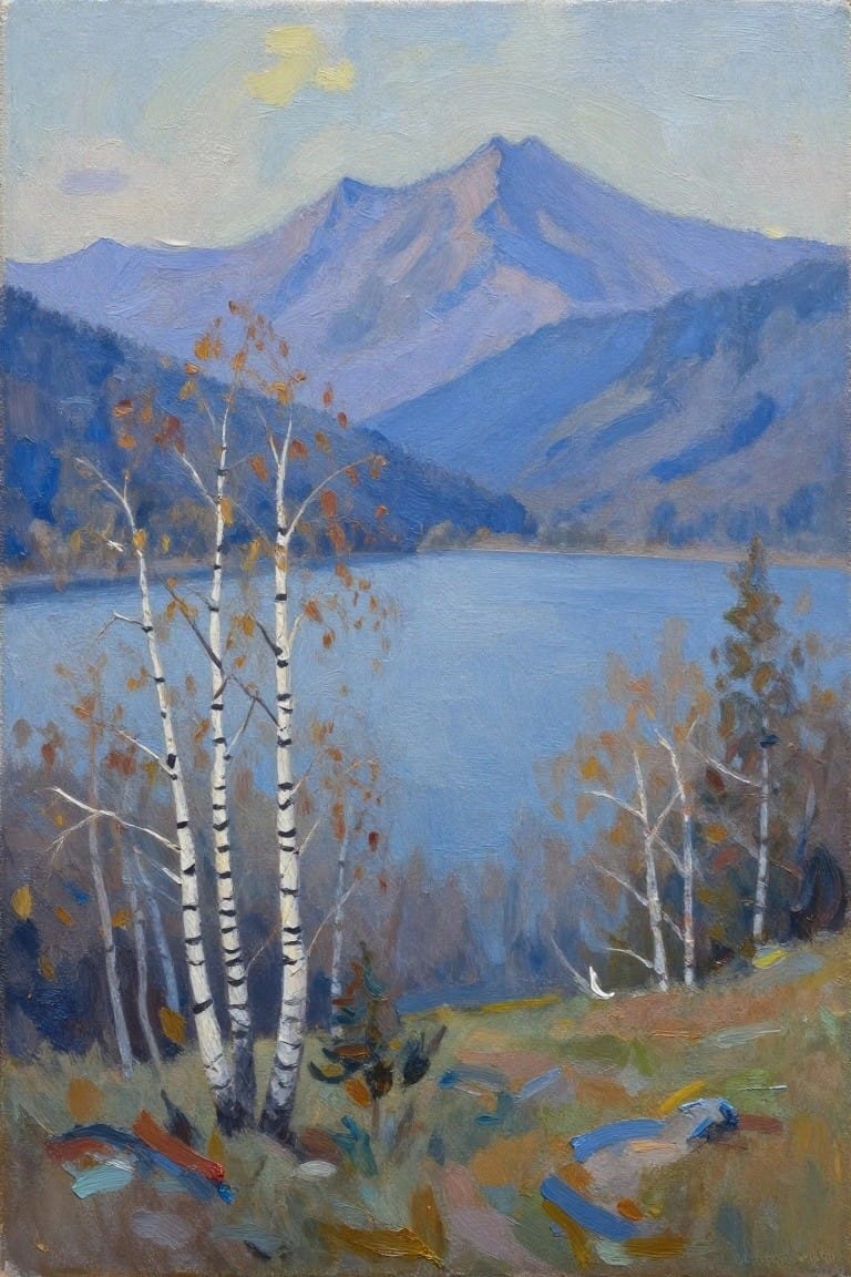 Autumn birches frame a calm blue lake beneath purple mountains in oil painting.