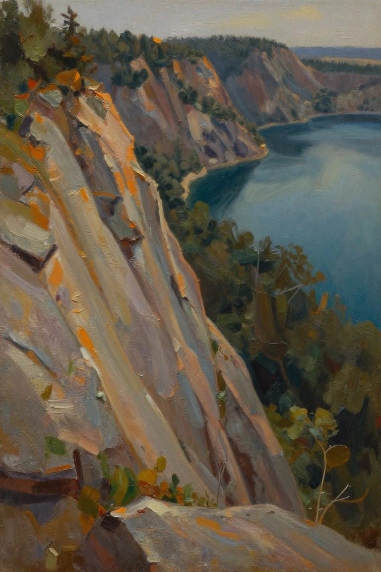 Textured oil painting of rugged cliffs above a serene blue lake amid dense forest.