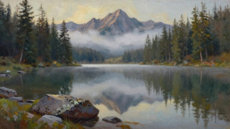 19 Beautiful Landscape Oil Painting Ideas Using Mountains, Lakes, and Forests Painting of misty mountains reflected in still alpine lake with pine trees and rocks