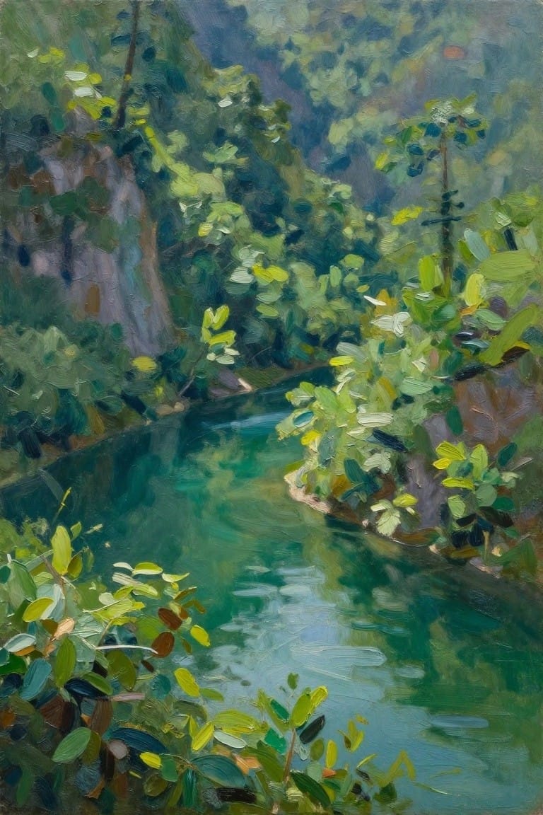 Lush green forest stream with turquoise water and vibrant foliage in oil painting