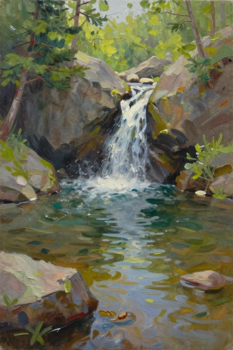 Waterfall cascading over rocks into a rippling turquoise pool amid green forest foliage
