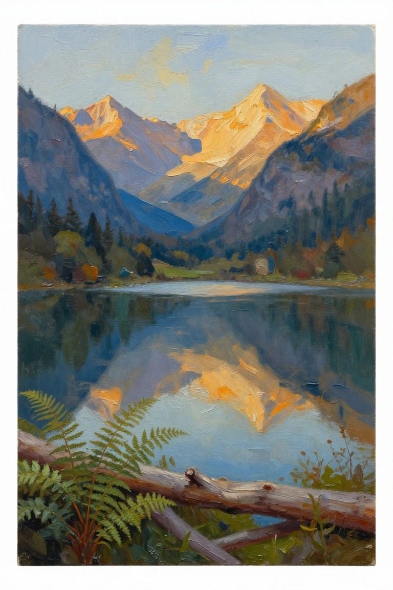 Oil painting of alpine lake reflecting golden peaks, ferns and log foreground.