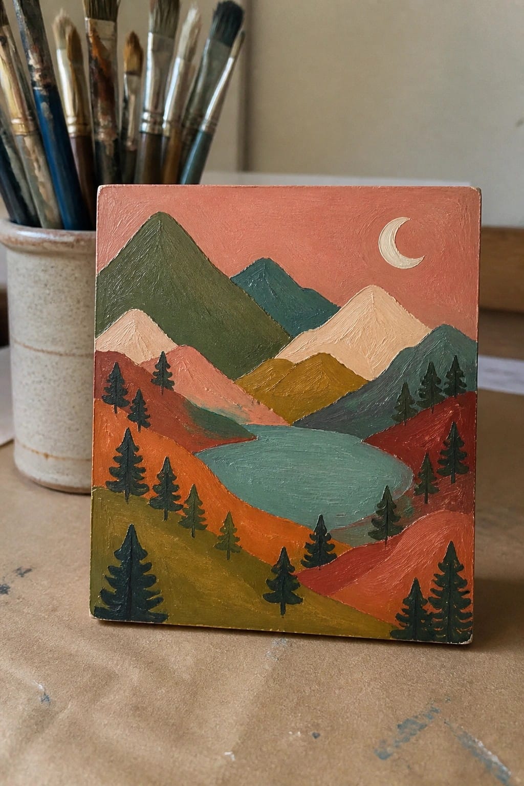 Colorful mountain landscape painting with lake, trees, crescent moon, and paintbrushes nearby.