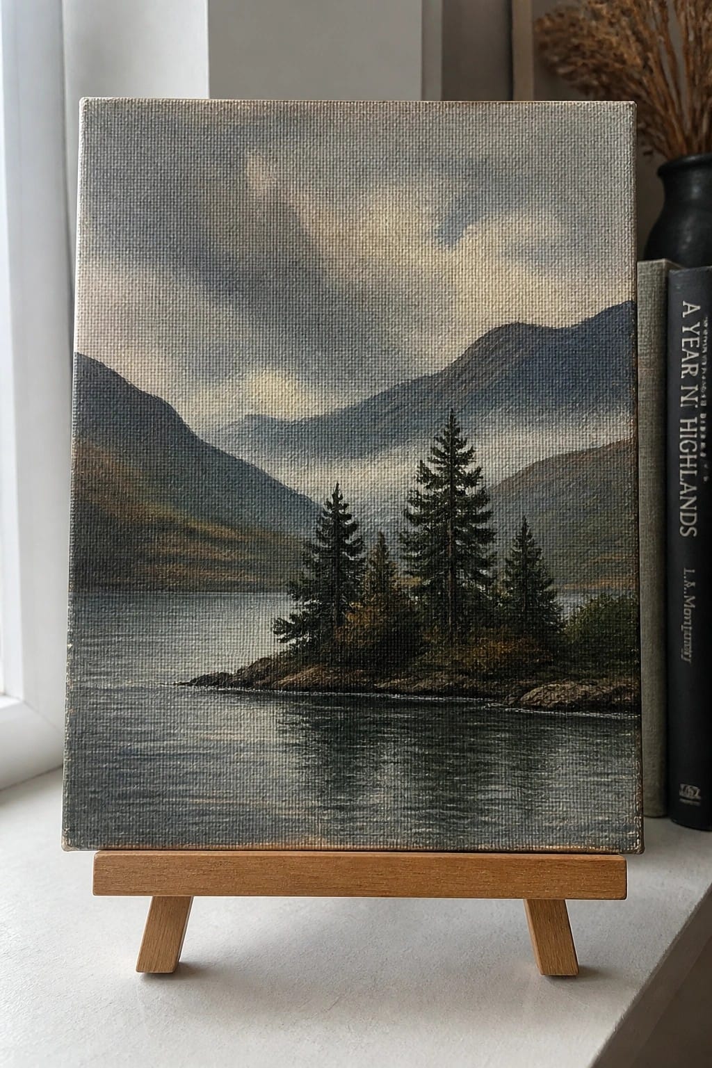 Miniature landscape painting of misty mountains and lake on wooden easel beside book