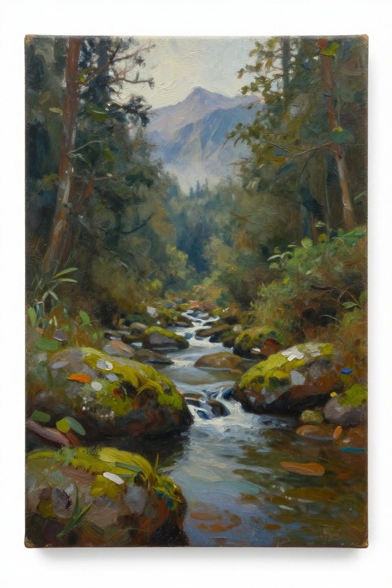 Mossy rocks line a winding forest stream beneath tall trees and misty mountains.