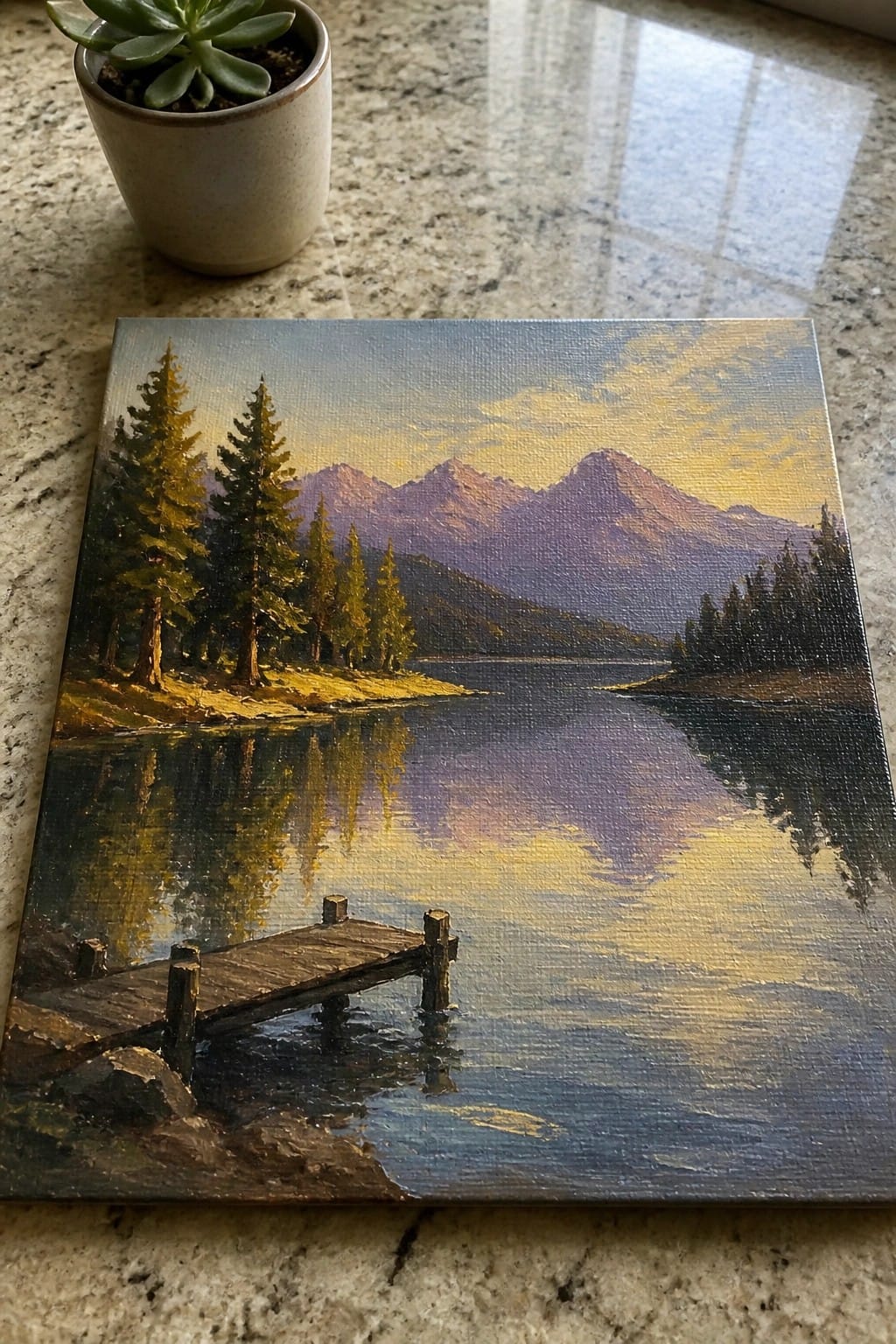 Oil painting of mountain lake with dock and trees beside potted plant on countertop.