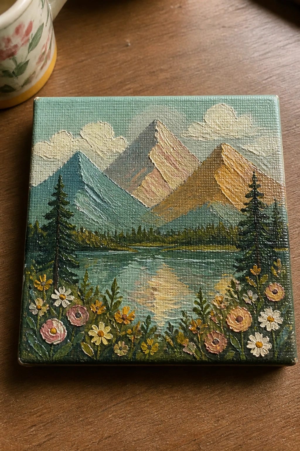 Small square painting of mountains, lake, pine trees, and wildflowers beside floral mug