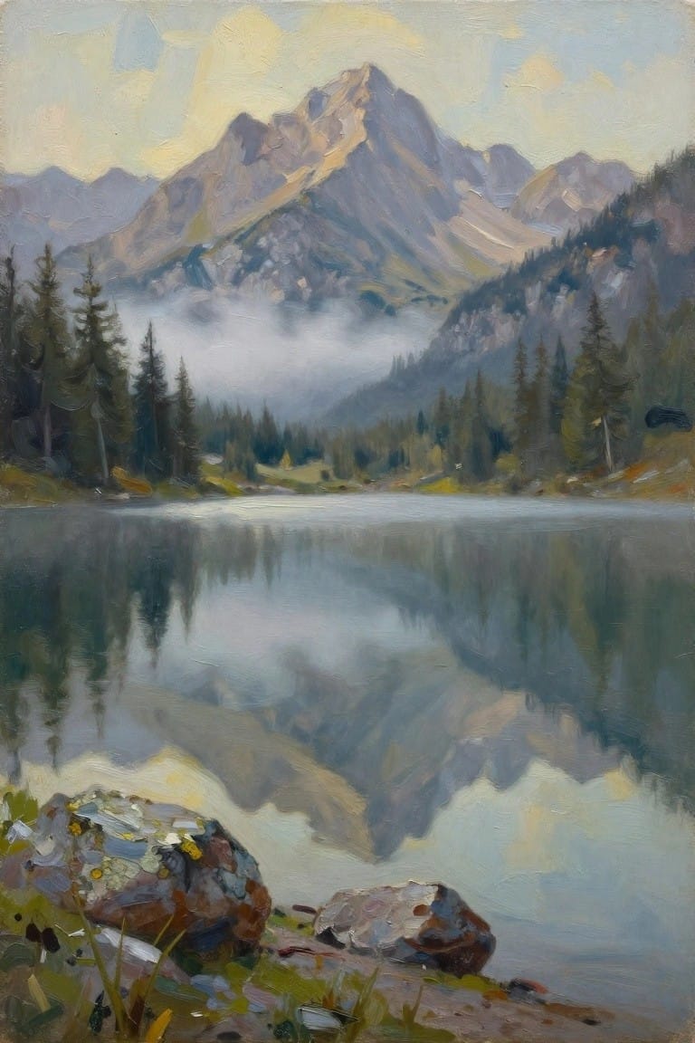 Painting of misty mountains reflected in still alpine lake with pine trees and rocks