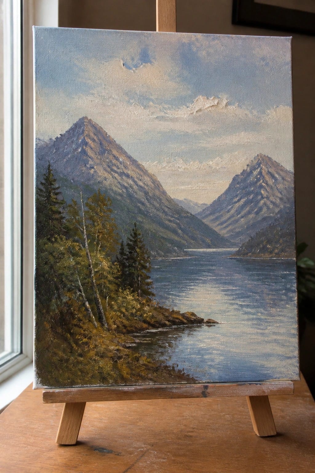 Oil painting on easel of mountain lake with pine trees and rocky peaks.