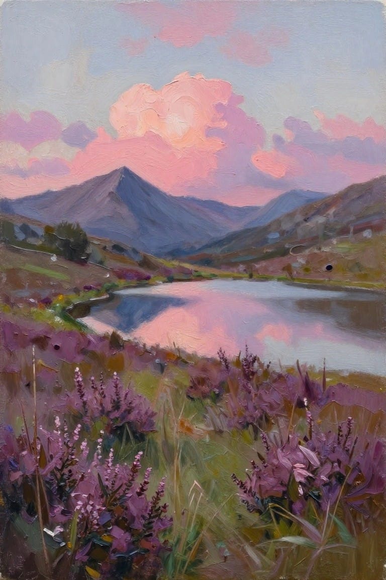 Oil painting of mountain lake reflecting pink clouds amid purple wildflowers at sunset.