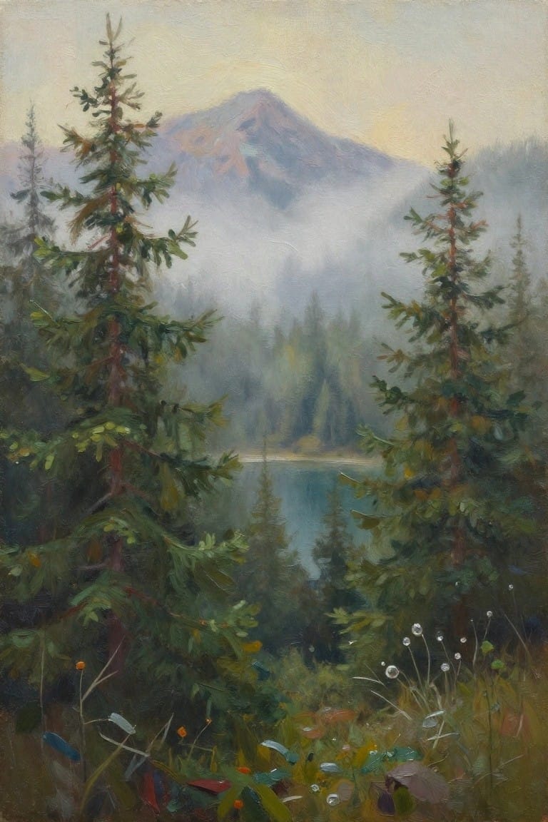 Oil painting of tall pine trees framing a misty lake with a mountain peak visible in the background and scattered foreground plants.