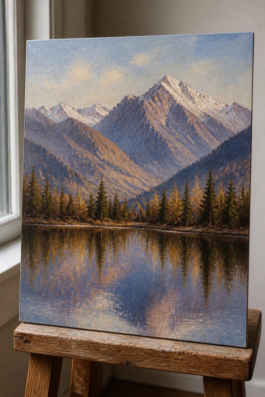 Oil painting of snowy mountains reflected in a lake with autumn trees on easel