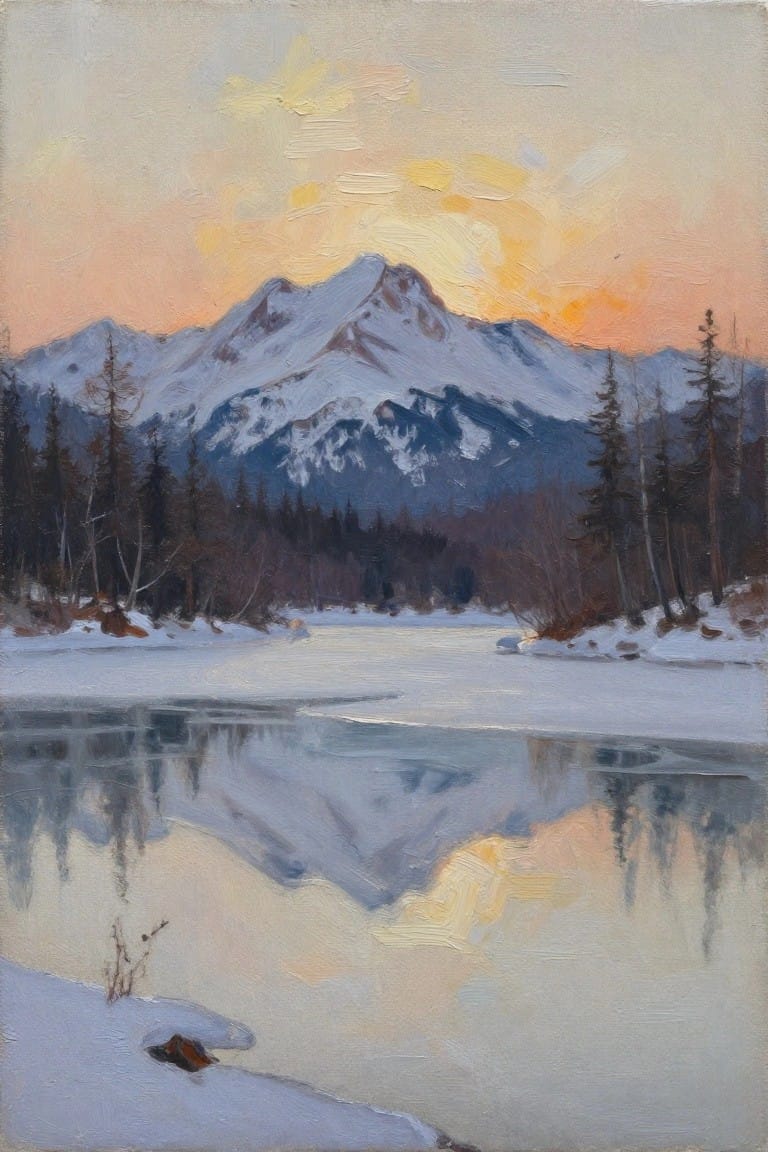 An oil painting of snow-covered mountains reflected in a frozen lake at sunset, with pine trees along the shore and warm colors in the sky.