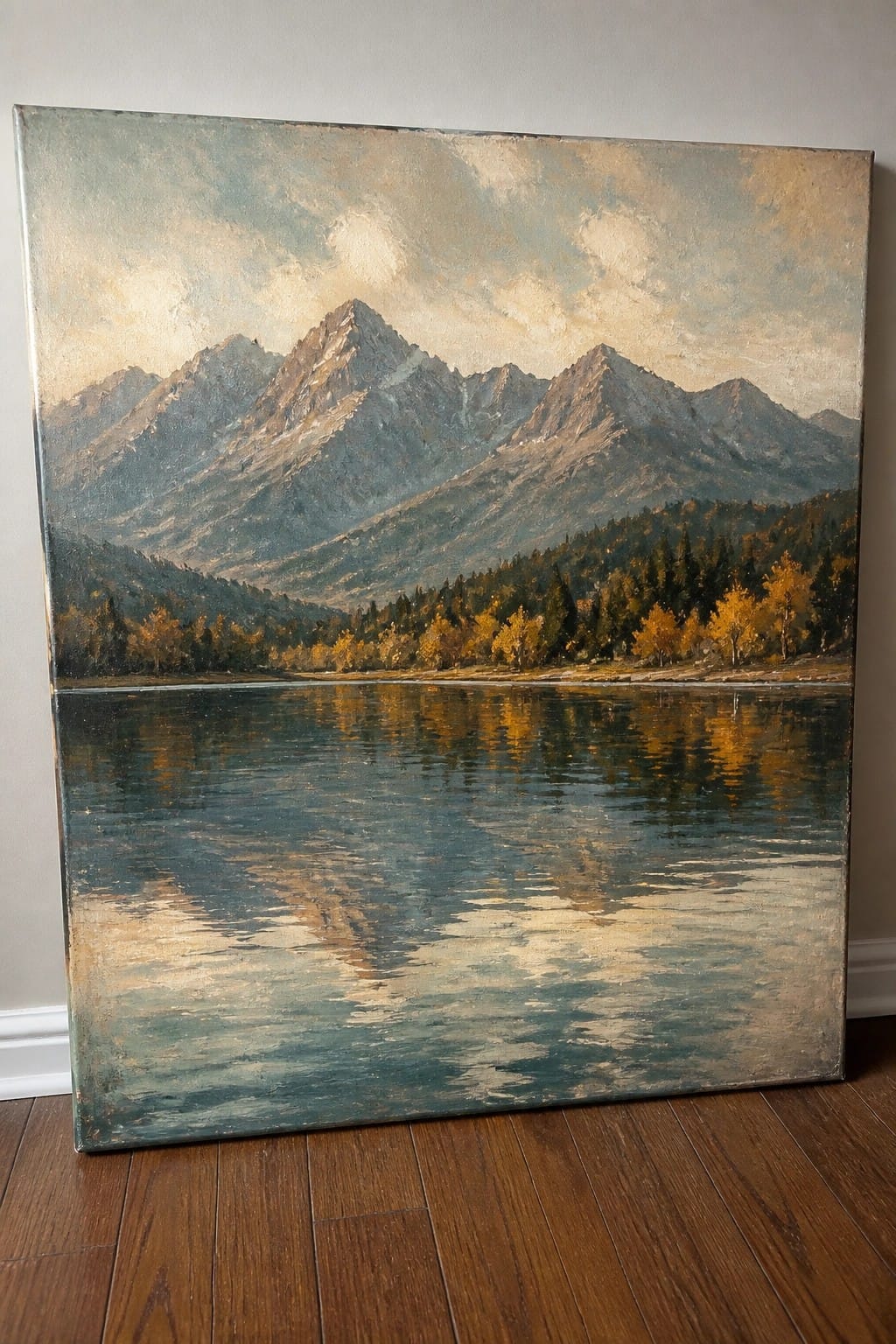 Oil painting of snow-capped mountains reflected in serene lake with autumn trees