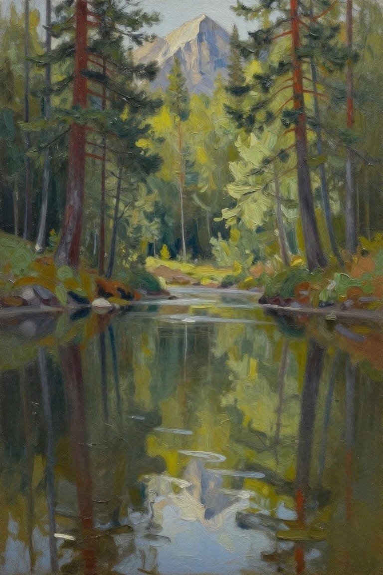 Vibrant oil painting of pine forest river reflecting snow-capped mountain under bright foliage.