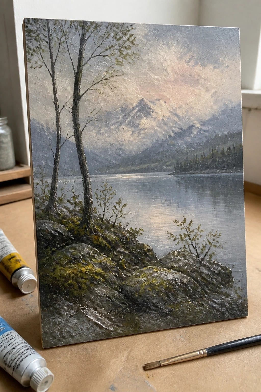 Mountain lake oil painting with bare trees, rocks, paint tubes and brush nearby.
